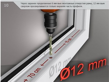Через заранее проделанные 6 мм-вые монтажные отверстия рамы,12 мм-вым Сверлом просверливается только верхняя часть профиля.